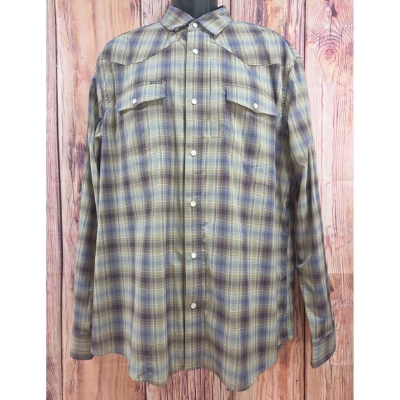 Poncho Mens Western Plaid Pearl Snap Shirt XL Slim Fit Brown/Blue Long Sleeve - Picture 1 of 7